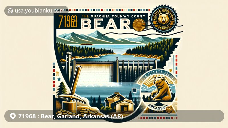 Modern illustration of Bear, Garland County, Arkansas, spotlighting ZIP code 71968, featuring Lake Ouachita, Blakely Mountain Dam, and Ouachita National Forest, with a vintage airmail envelope incorporating postal theme elements and symbols of Bear's gold mining history.
