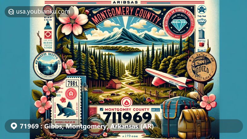 Modern illustration of Gibbs, Montgomery County, Arkansas, reflecting natural beauty with pine trees and Ouachita National Forest, featuring Arkansas symbols like apple blossom and diamond, and integrating postal elements with vintage airmail envelope and '71969' postage stamp.