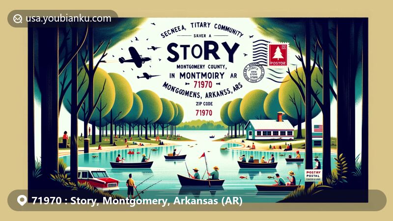 Modern illustration of Story, Montgomery County, Arkansas, portraying a serene community with ZIP code 71970, featuring outdoor activities like fishing and hiking, along with vintage postal theme elements.