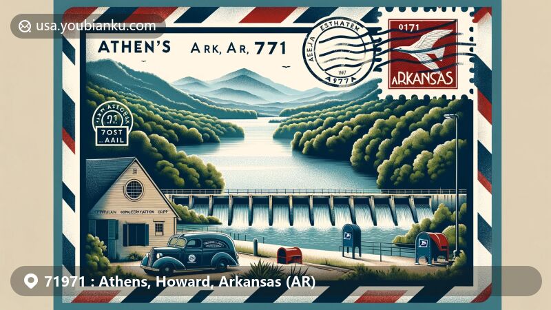 Modern illustration of Athens, Howard County, Arkansas, highlighting ZIP code 71971 and showcasing Shady Lake with historic Shady Lake Dam. Composition framed like vintage air mail envelope with Arkansas state flag stamp, '71971 Athens, AR' postmark, red mailbox, and old postal truck.