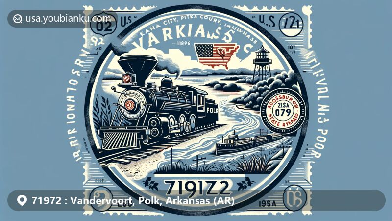 Modern illustration of Vandervoort, Polk County, Arkansas, highlighting postal theme with ZIP code 71972, featuring a stylized map outline, vintage steam train, Cossatot River rapids, vintage postage stamp border, and Arkansas state flag.