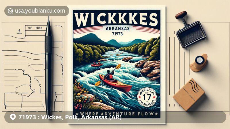 Modern illustration of Wickes, Arkansas, featuring kayaking on the Cossatot River with ZIP code 71973, showcasing Class IV and V rapids, Ouachita Mountains backdrop and vintage postage stamp design.
