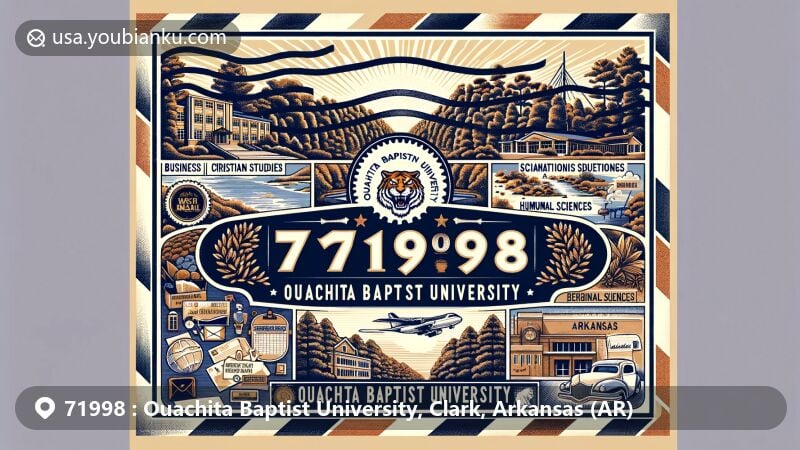 Modern illustration of Ouachita Baptist University in Clark, Arkansas, featuring academic excellence, diverse programs, and Christ-centered education, with iconic elements like pine trees, Ouachita Mountains, and vintage air mail envelope.
