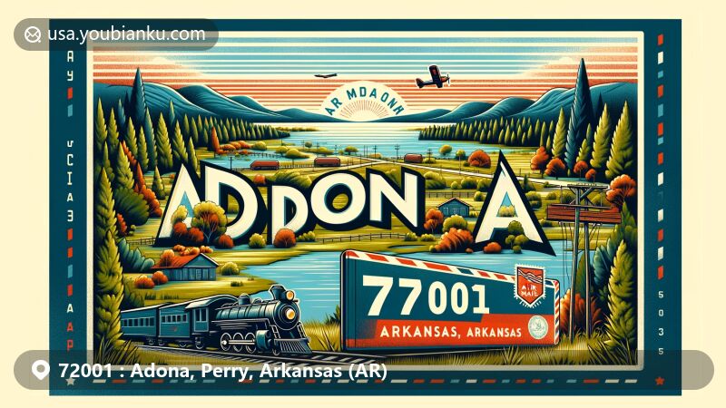 Modern illustration of Adona, Perry County, Arkansas, highlighting postal theme with ZIP code 72001, featuring natural beauty with forests, lakes, and rivers, along with a vintage railroad element.