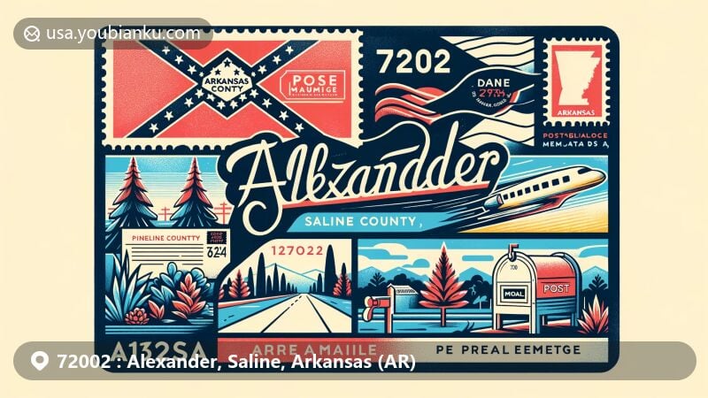 Modern illustration of Alexander, Saline County, Arkansas, showcasing postal theme with ZIP code 72002, featuring Arkansas state flag and Saline County outline.