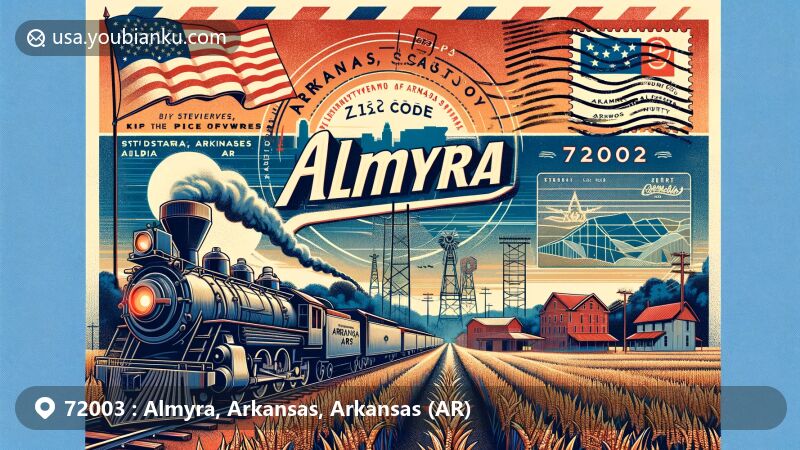 Modern illustration of Almyra, Arkansas, celebrating its historical role in rice farming and location in Arkansas County. Features vintage railroad, rice fields, state symbols, and postal theme with ZIP code 72003.
