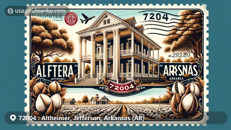 Modern illustration of Altheimer, Jefferson County, Arkansas, featuring vintage air mail envelope surrounding The Elms plantation house, Arkansas River, cotton plants, and state flag, capturing area's rich history and agricultural heritage.