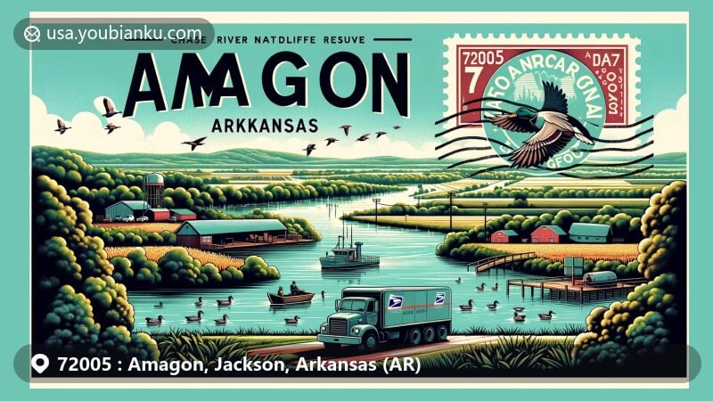 Artistic depiction of Amagon, Arkansas, with ZIP code 72005, showcasing lush landscapes, agricultural significance, and proximity to Cache River National Wildlife Refuge. Features duck hunting, Arkansas state bird, and postal heritage.