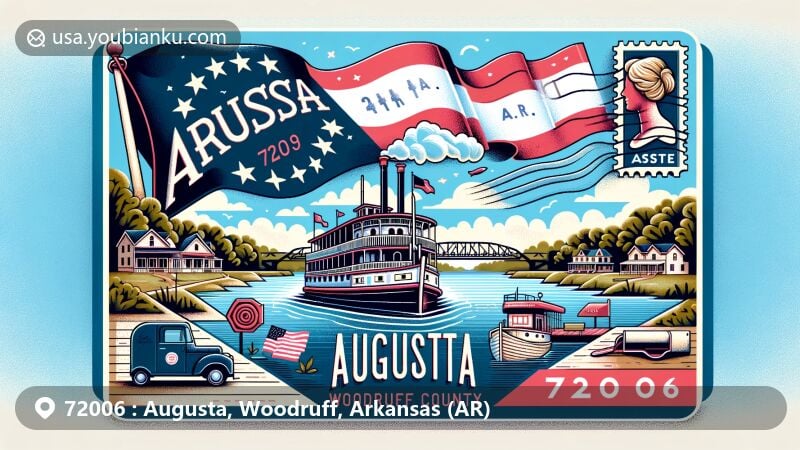 Modern illustration of Augusta, Woodruff County, Arkansas, emphasizing the postal theme with ZIP code 72006, featuring scenic White River, historical steamboat, and Arkansas state flag.