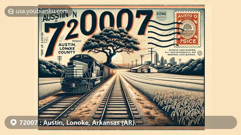 Modern illustration of Austin, Lonoke County, Arkansas, with ZIP code 72007, highlighting the area's railroad history, lone oak tree symbol, and rice farming culture.