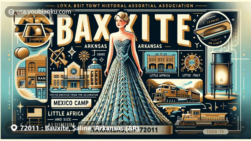 Modern illustration of Bauxite, Arkansas, capturing postal theme with ZIP code 72011, featuring Bauxite Historical Association Museum and Gann Museum made of bauxite aluminum ore.