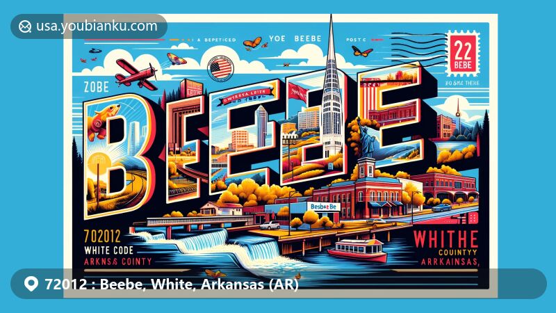 Modern illustration of Beebe, White County, Arkansas, featuring ZIP code 72012 against a postal theme backdrop, highlighting the city's location on the edge of the Arkansas Delta and near the Ozark Mountains.