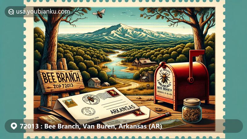 Modern illustration of Bee Branch, Van Buren County, Arkansas, capturing the essence of small-town charm and outdoor activities with a vintage postcard, red mailbox, and Ouachita Mountains backdrop.