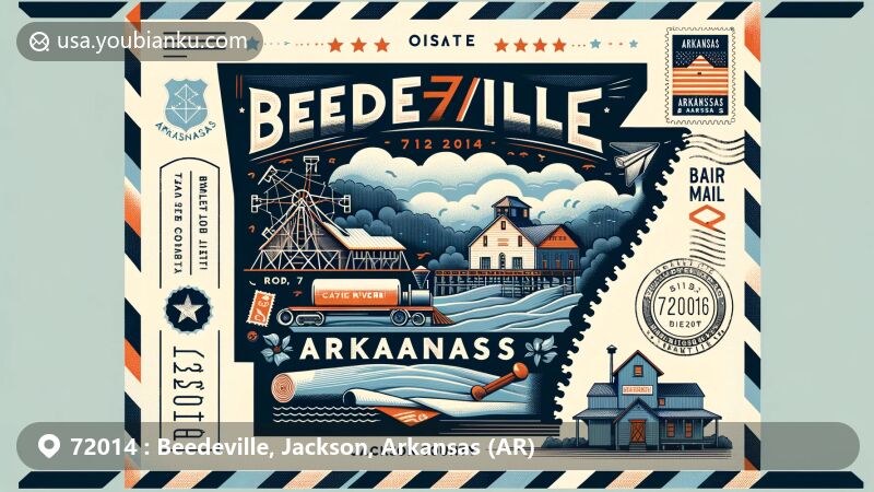 Modern illustration of Beedeville, Jackson County, Arkansas, highlighting postal theme with ZIP code 72014, featuring Cache River, cotton gin, and Arkansas state symbols.