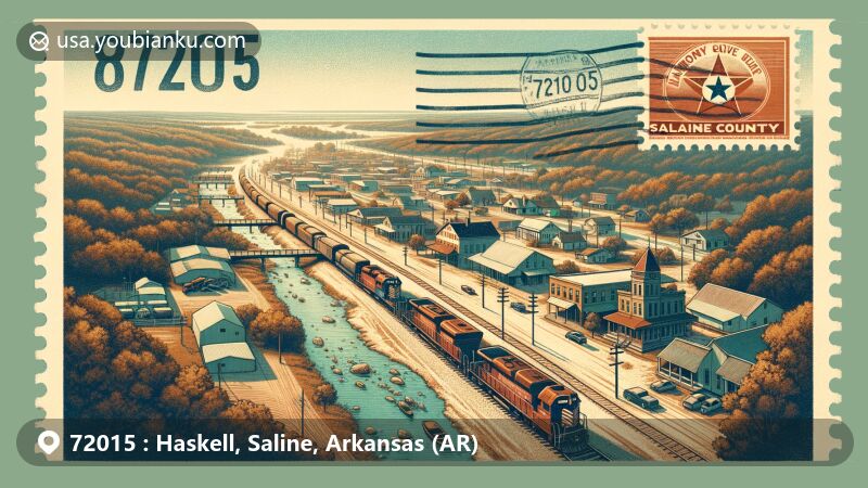 Modern illustration of Haskell, Saline County, Arkansas, showcasing historic railway town with strong community spirit, nestled in rugged forest terrain in southern Saline County, irrigated by streams flowing into Saline River, featuring Harmony Grove School District and Saline County Courthouse in Benton, paying homage to their educational and historical significance. Retro-themed postcard design with warm inviting colors, reflecting natural beauty and historical charm of the area, incorporating postal elements like an antique stamp in the corner bearing Arkansas State Flag and a postmark with 'Haskell, AR 72015'. Capturing the essence of Haskell and Saline County, highlighting their importance in Arkansas, making it a cherished keepsake for visitors and residents. Web-friendly modern illustration style to attract attention and evoke curiosity about this unique location.