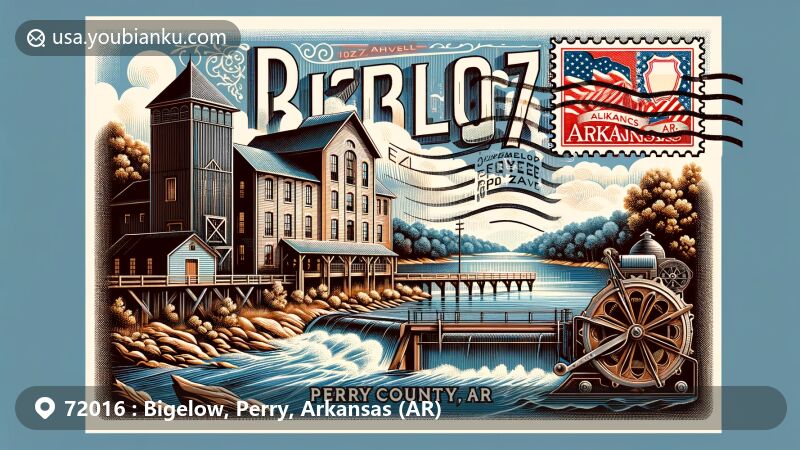 Modern illustration of Bigelow, Perry County, Arkansas, capturing rural charm with scenic landscapes and local landmarks.