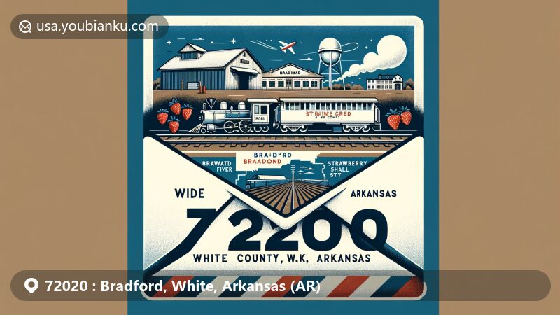 Modern illustration of Bradford, White County, Arkansas, featuring vintage air mail envelope with ZIP code 72020, highlighting Bradford Allen Station, strawberry fields, White River, mussel shell industry, and Arkansas state map.