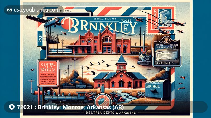 Modern illustration of Brinkley, Arkansas, showcasing postal theme with ZIP code 72021, featuring Central Delta Depot & Museum, Louis Jordan monument, Arkansas Delta landscape, and duck hunting references.