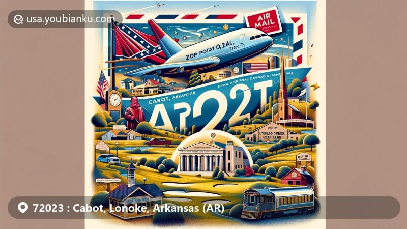 Modern illustration of ZIP Code 72023, Cabot, Arkansas, featuring airmail envelope with prominent ZIP Code 72023, Camp Nelson Confederate Cemetery, Cypress Creek Golf Club, and Arkansas state flag.