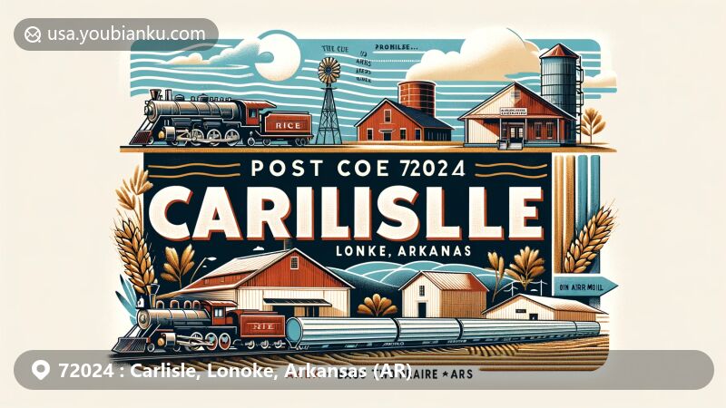 Modern illustration of Carlisle, Lonoke, Arkansas, showcasing postal theme with ZIP code 72024, featuring elements symbolizing rice farming, railroad history, dairy industry, and Bayou Two Prairie.