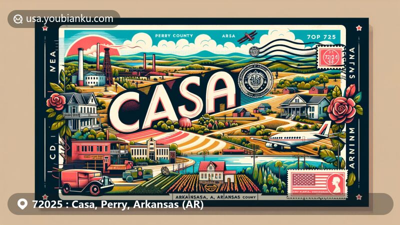 Modern illustration of Casa, Perry County, Arkansas, highlighting postal theme with ZIP code 72025, showcasing historical significance in coal mining, timber harvesting, and cotton cultivation, reflecting rich heritage and natural beauty.