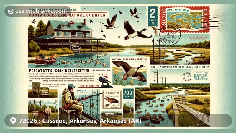 Modern illustration of Potlatch Cook's Lake Nature Center in Casscoe, Arkansas, highlighting its role as a wildlife sanctuary and conservation education center, featuring historic Lion Oil Company Hunting Lodge and Ramsar Convention wetlands.