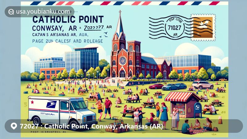 Modern illustration of Catholic Point and Conway, Arkansas, showcasing educational culture with college buildings and Catholic Point Picnic outside St. Joseph's Catholic Church, featuring postal elements and ZIP code 72027.