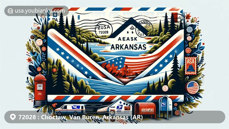 Modern illustration of ZIP Code 72028, Arkansas, with Ozark Plateau forest scenery and airmail envelope featuring state flag, stamps, and postmark.