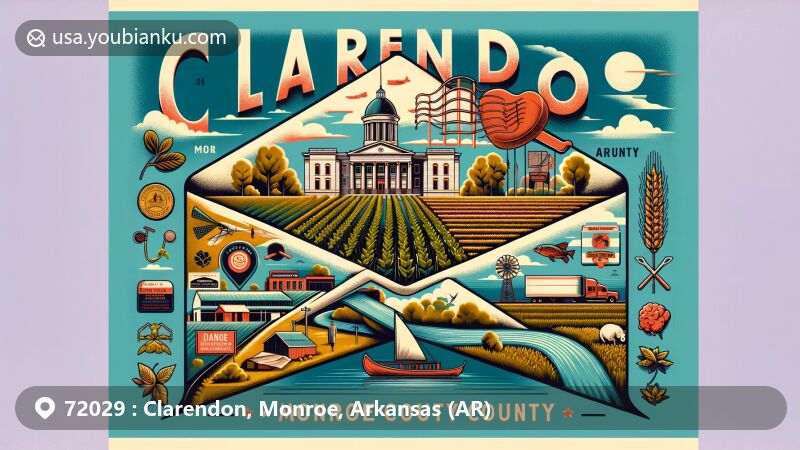 Modern illustration of Clarendon, Monroe County, Arkansas, incorporating vibrant postal theme with airmail envelope, featuring Monroe County Courthouse, delta farmland symbols, White River, Cache River, and hunting-fishing elements.