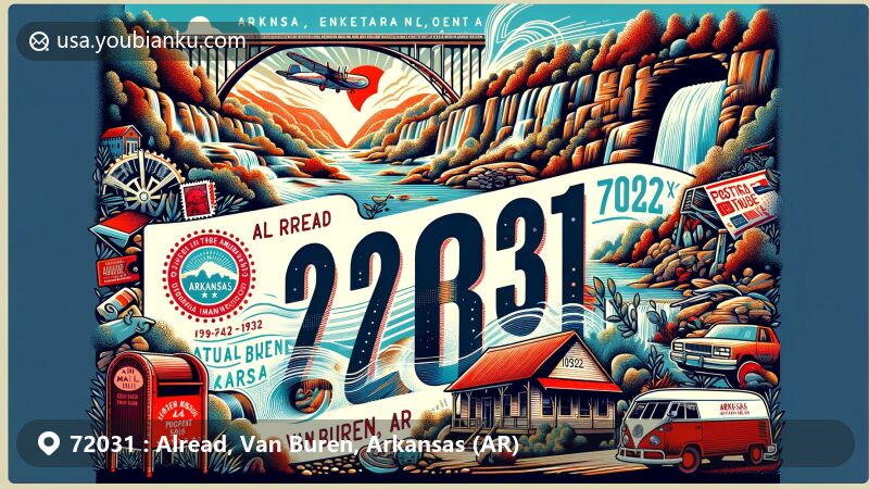 Modern illustration of Alread, Van Buren, Arkansas, highlighting natural beauty of Ozark Mountains and iconic Natural Bridge, complimented by vintage postal theme with postcard design, stamps, postmark, mailbox, and postal truck.