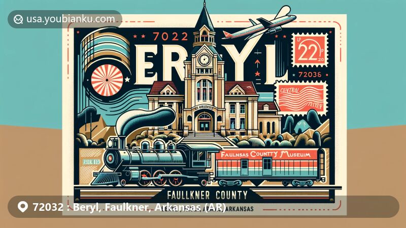 Modern illustration of Beryl, Faulkner County, Arkansas, showcasing Faulkner County Courthouse, model train from Faulkner County Museum, Central Arkansas landscape, and postal elements.