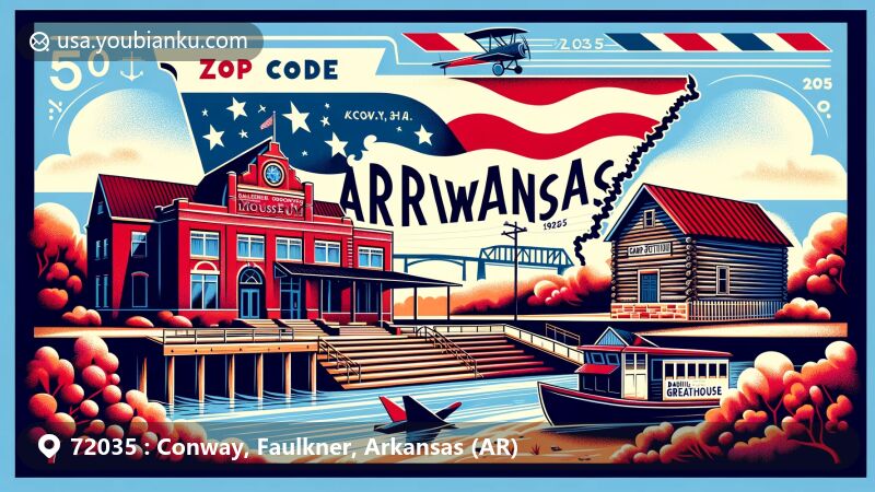 Modern illustration of ZIP code 72035, Conway, Arkansas, featuring Faulkner County Museum, Daniel Greathouse Log Cabin, Cadron Settlemt Park, and Toad Suck Ferry, with airmail envelope motif and Arkansas state symbols.