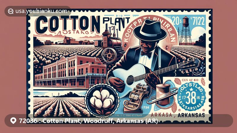 Modern illustration of 72036 Cotton Plant, Arkansas, showcasing its rich history, cultural contributions, and blues music heritage, featuring Cotton Plant Historical Museum, Peetie Wheatstraw, and cotton fields.