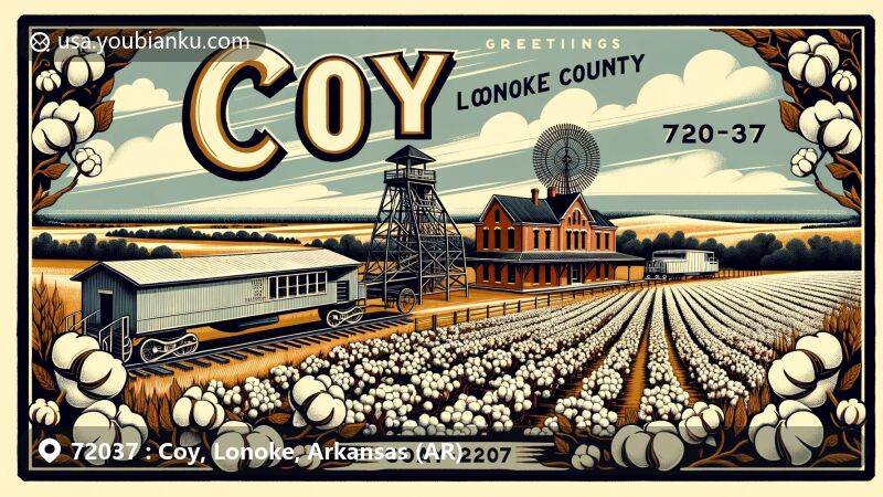 Vintage-style illustration showcasing Coy, Lonoke County, Arkansas, with emphasis on cotton farming history, featuring historic cotton gin and Coy Train Depot, representing town's connection to railroad and agricultural heritage.