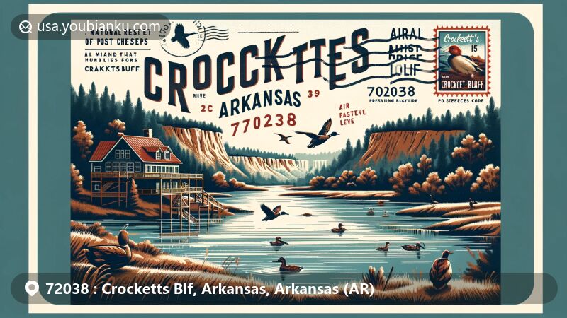 Modern illustration of Crocketts Bluff, Arkansas, showcasing postal theme with ZIP code 72038, featuring the White River and Crocketts Bluff Hunting Lodge.