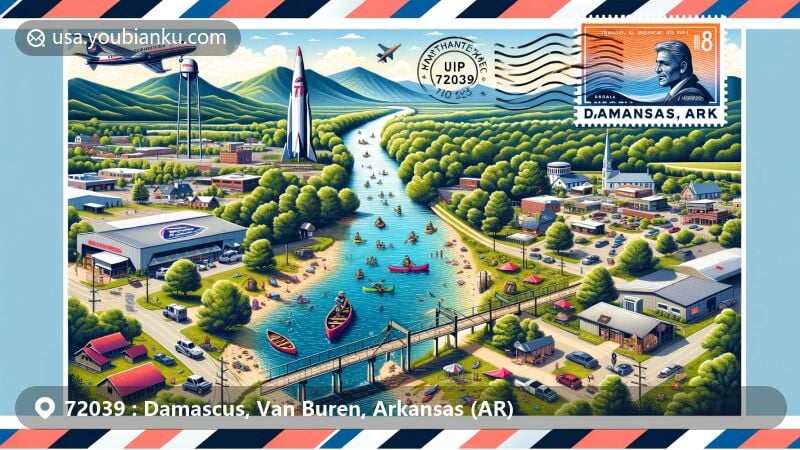 Modern illustration of Damascus, Arkansas, showcasing aerial view of town surrounded by Ozark Mountains, Titan II missile base, outdoor activities, and downtown area within air mail envelope.