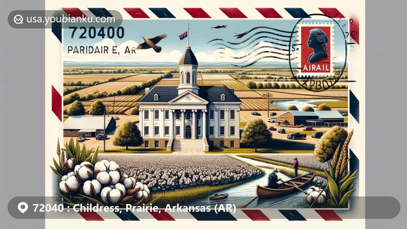 Modern illustration of Childress, Prairie County, Arkansas (AR), representing ZIP code 72040, featuring Prairie County courthouse, expansive farmland, White River, and vintage airmail elements.
