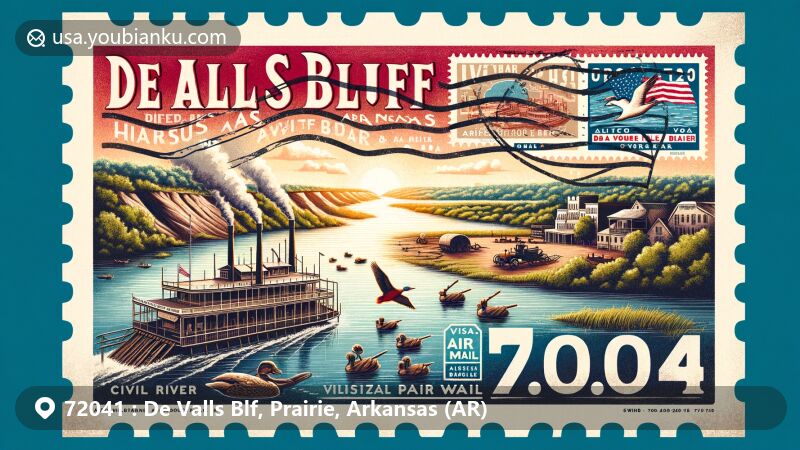 Vintage illustration of De Valls Bluff, Arkansas, showcasing ZIP code 72041, featuring White River, oxbow lakes, Civil War theme, and iconic Craig’s Bar-B-Q.