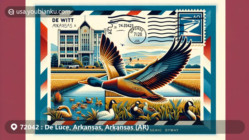 Modern illustration of De Witt, Arkansas, featuring vintage airmail envelope, Grand Prairie fields, DeWitt Commercial Historic District, and Great River Road significance.