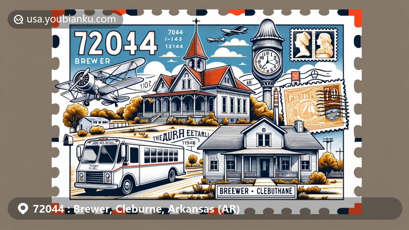 Modern illustration of Brewer, Cleburne, Arkansas, inspired by ZIP Code 72044, featuring historic Dill School, Clarence Frauenthal House, Hugh L. King House, and Mike Meyer Disfarmer's gravesite, with postal symbols like postcard, airmail envelope, stamps, and postal truck.