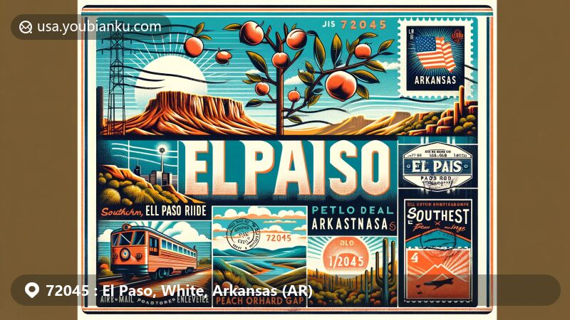 Modern illustration of El Paso, Arkansas, White County, ZIP code 72045, featuring Cadron Ridge's southern slope and peach trees, reflecting the area's history as Peach Orchard Gap. The design blends geographical and cultural elements, including references to the Southwest Trail, with postal themes like vintage postcards, air mail envelopes, Arkansas state flag stamps, and the visible '72045' ZIP code.