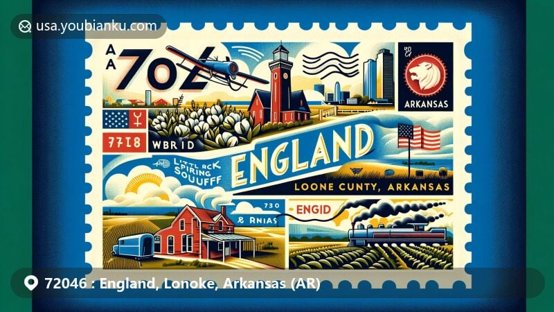 Modern illustration of England, Lonoke County, Arkansas, blending rural and commuter elements with icons of Arkansas, showcasing agricultural history and postal theme for ZIP code 72046.