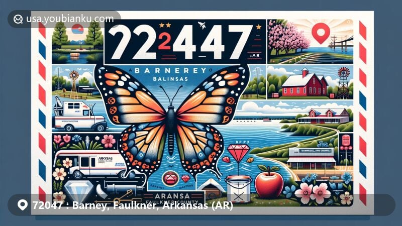 Modern illustration of Barney, Faulkner County, Arkansas, featuring postal theme with ZIP code 72047, highlighting Blessing Farmstead, Lake Conway, and Conway Commercial Historic District, along with Arkansas symbols like the Diana Fritillary butterfly, Dutch oven, apple blossoms, and diamonds.
