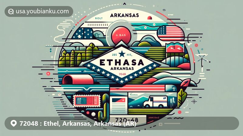 Modern illustration of Ethel, Arkansas, 72048 area, blending regional and postal themes with Arkansas state flag backdrop, featuring natural landscapes and postal elements like postcard, stamps, postmark, mailbox, and mail truck.