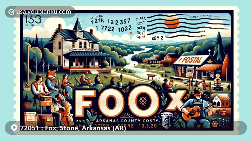Modern illustration of Fox, Stone County, Arkansas, highlighting ZIP code 72051, featuring Fox Community Center, Ozarks landscape with Turkey Creek and Little Red River, folk musicians, vintage postmark, and post office motif.