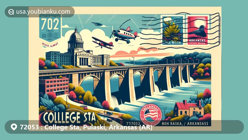 Modern illustration of College Sta, Pulaski County, Arkansas, incorporating postal theme with ZIP code 72053, featuring Big Dam Bridge, Arkansas State Capitol, and Little Rock Central High School.