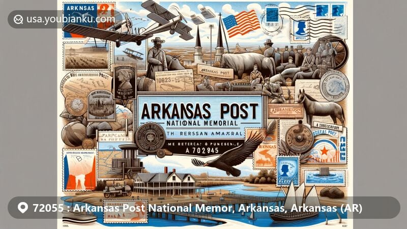 Modern illustration of Arkansas Post National Memorial, showcasing rich history and postal elements, including French, Spanish, and American influences, Colbert Raid, and Civil War battles, with iconic symbols like Arkansas River and Quapaw Indian village.