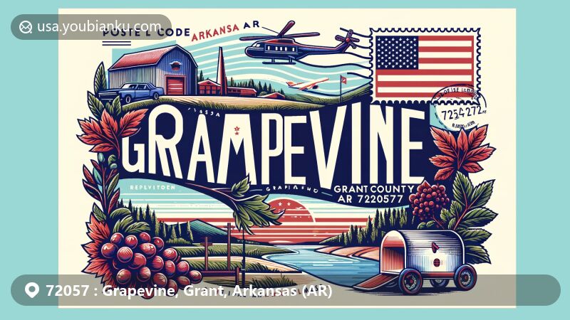 Modern illustration of Grapevine, Grant County, Arkansas, portraying a postcard theme with elements like Arkansas state flag, Grant County outline, and local flora/fauna, highlighting natural beauty and postal elements.