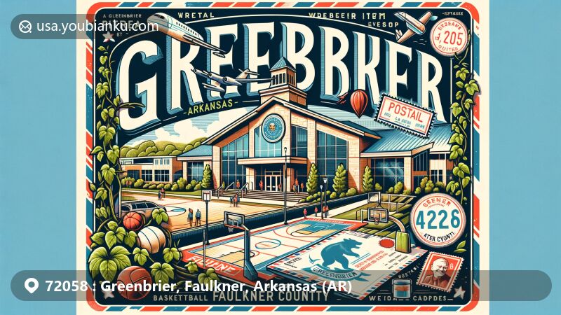 Creative and modern illustration of Greenbrier, Faulkner County, Arkansas, featuring lush greenbriar vines, Greenbrier City Event Center, and postal elements with ZIP code 72058.