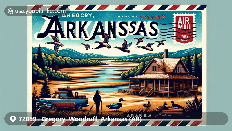 Modern illustration of Gregory, Woodruff County, Arkansas, featuring a vibrant postcard design highlighting the pastoral charm and natural beauty, including a hunter's cabin and ducks in flight, paying tribute to the local hunting culture.